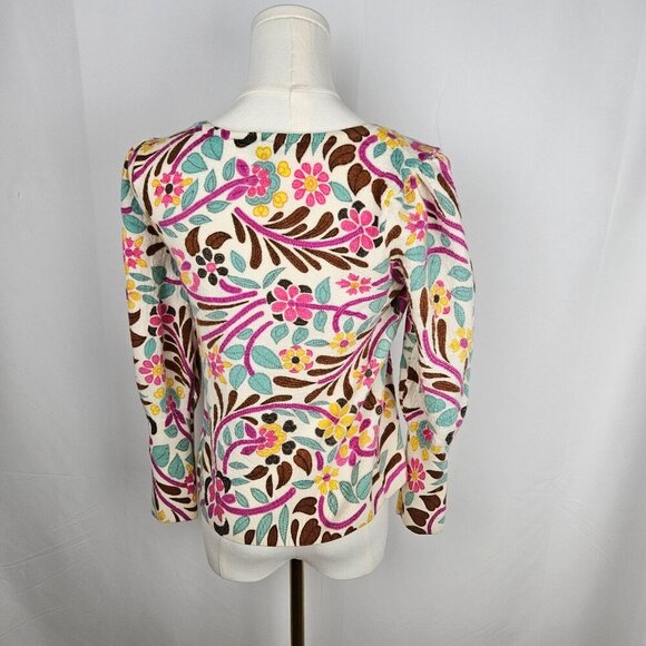 Talbots Boho Floral Merino Wool Puff Sleeve Sweater Medium Pink Blue Colorful - Picture 5 of 10